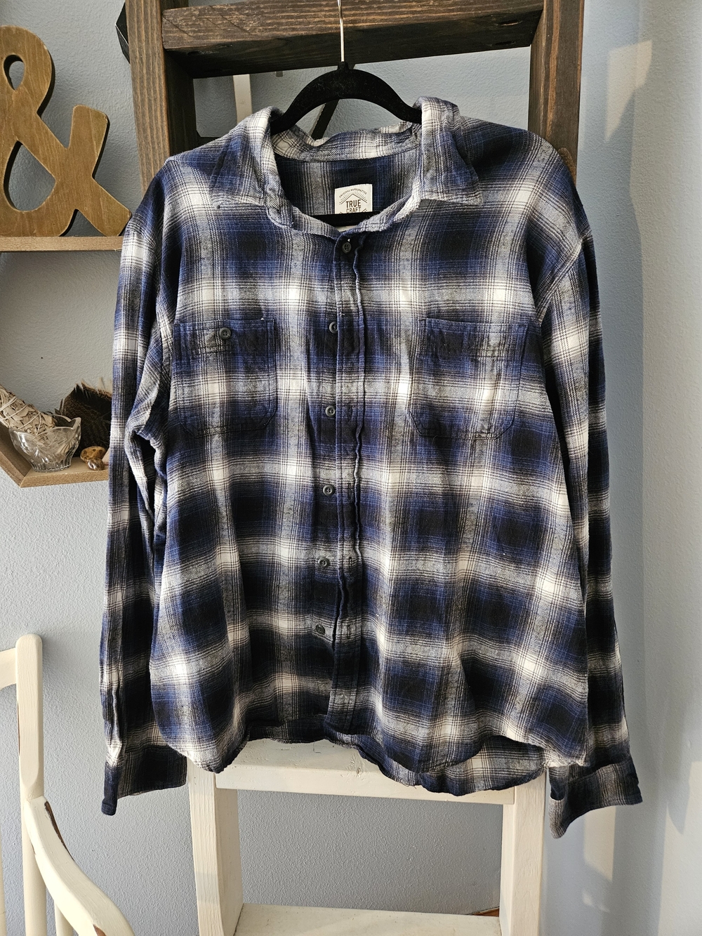 Blue White Black Plaid Dress Shirt Men's Size XXL